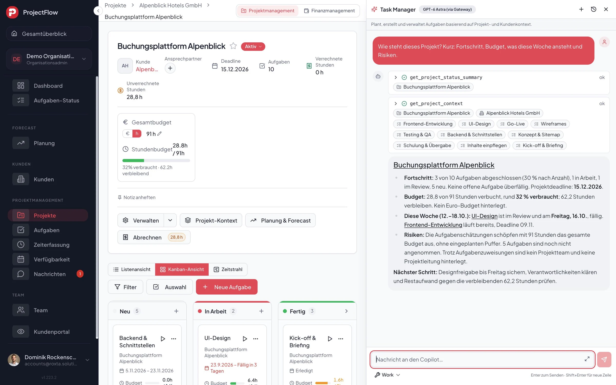 ProjectFlow Copilot fasst den Projektstatus zusammen